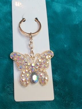 Gold Butterfly Crystal Keychain Charm - Sparkling Pink-Opal Accent